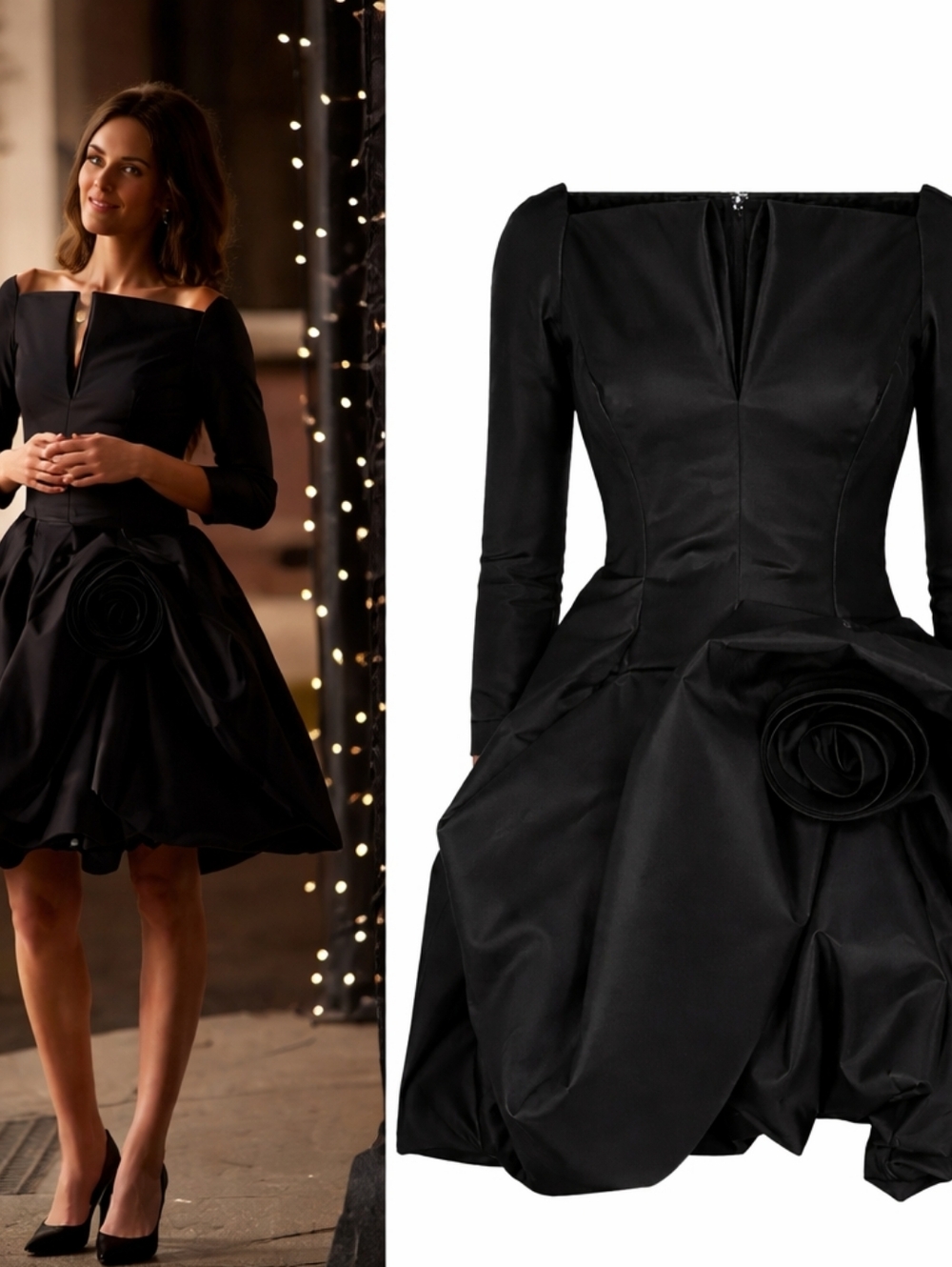 $4,800 OSCAR DE LA RENTA BLACK SILK BLACK LINED VOLUMIN ROSE RUNWAY DRESS US 8 - Picture 7 of 16